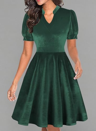 Image of Mokayee Womens Summer Short Puff Sleeve Casual Semi-Formal Fit and Flare Church Wedding Guest Work Dresses with Pockets