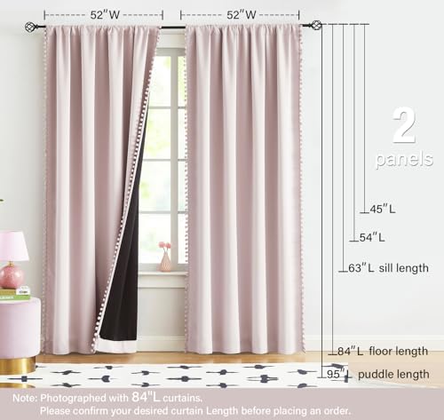 Image of Pom-pom Pink Blackout Curtains for Bedroom 63inch Length Energy Efficient 100% Full Blackout Window Panels for Baby Girls Nursery Living Room Adorable Rod Pocket Drapes 2pcs 52 inchw Rod Pocket