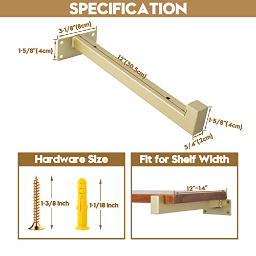 AddGrace Shelf Bracket 4pcs Industrial Black Bracket Heavy Duty Floating Shelf Bracket for Shelves Support Board (12inch) Gold - Image 3