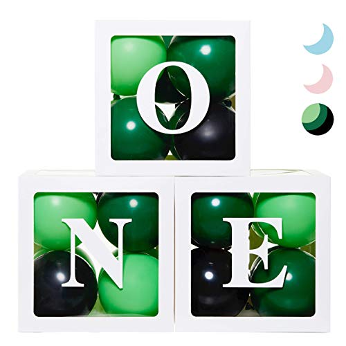 Image of 1st Birthday Balloon 'ONE' Boxes for 1 Year Old WITH 24 Balloons - Baby first Birthday Decorations Clear Cube Blocks 'ONE' Letters as Cake Smash Photoshoot Props in Safari/Jungle Wild One Green Theme