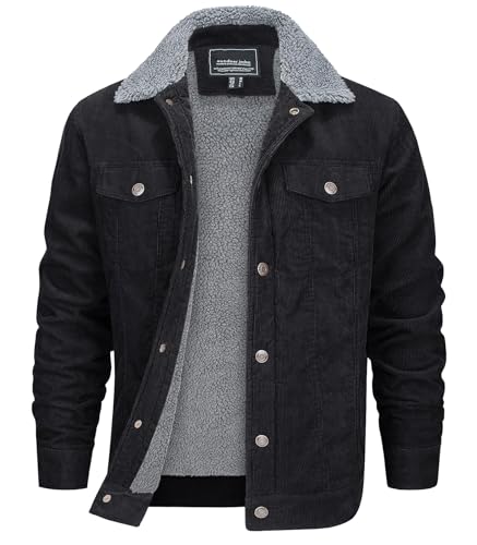 EKLENTSON Mens Winter Jacket Thermal Corduroy Jacket Sherpa Lined Coats Warm Trucker Coats Fleece Jacket Black M