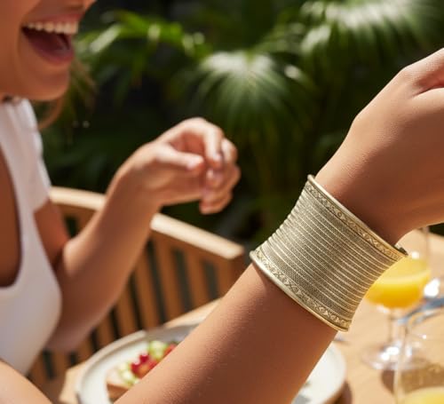 Image of Touchstone Indian Bollywood Desire Brass Base Exotic Workmanship Free Size Cuff Bracelet in Antique Gold Or White Or Copper Tone for Women.