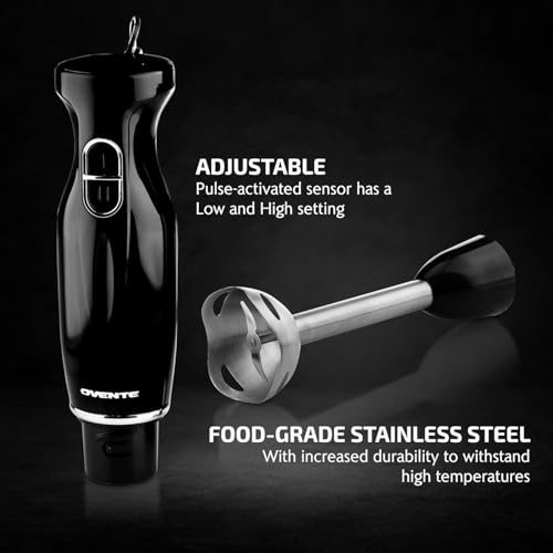 Image of OVENTE Immersion Hand Blender, 300W Electric Handheld Stick Mixer with 2 Mixing Speeds and Stainless Steel Blades for Smoothies, Purees & Baby Food, Black HS560B
