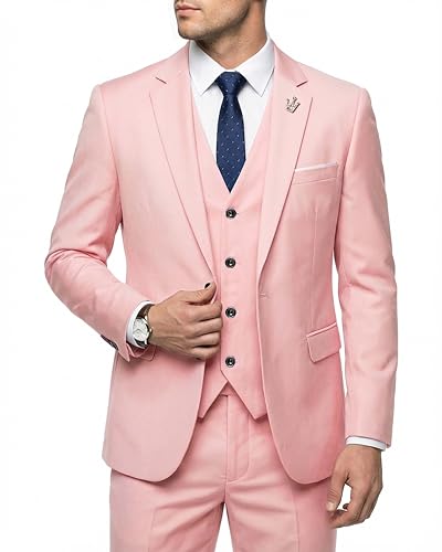 Hihawk Men's 3 Piece Suit with Stretch Fabric, Solid Slim Fit One Button Suit Blazer Set, Jacket Vest Pants with Tie. Light Pink Medium