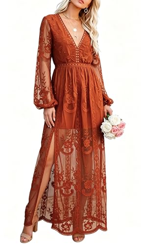 Image of LRISES Womens V Neck Floral Embroidered Lace Wedding Maxi Dress Boho Short Sleeve Slit Bridesmaid Evening Party Dresses