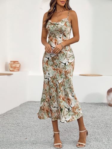 Image of Women's Spaghetti Strap Midi Satin Silk Dresses Slip Cowl Neck Party Cocktail Evening Sexy Dress