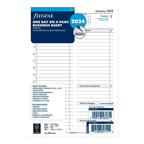 Filofax A5 Business Day Per Page English Appointments Diary - 2024, White
