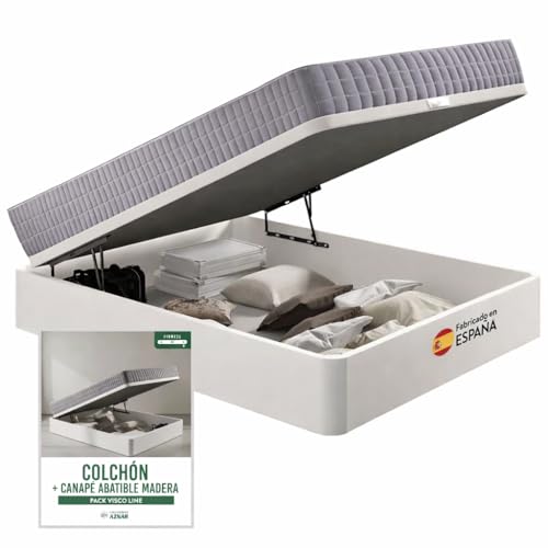 Aznar Pack Colchón Viscoelástico Firmeza Alta 19 Cm Más Canapé Abatible Madera 34 Cm Espacio Almacenaje Transpirable Silencioso Antideslizante Acolchado Adaptable Confortable 90x190