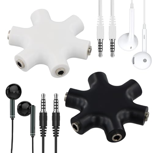 Ziyonix 2 Piezas Divisor Jack 3.5 mm, Divisor de Auriculares con 5 Salidas Splitter de Auriculares Tomas de Audio para Reproductor de Mp3 Teléfono Computadora Televisión (Negro+Blanco)