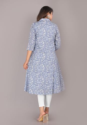 Image of KANNAHI Women Pure Cotton Printed Straight Calf Length Regular Jaipuri Kurta and Shrug Set with Floral Print for Womens & Girls Grey