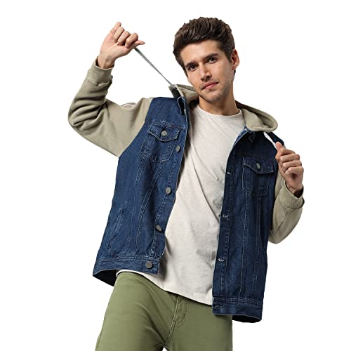 Image of Campus Sutra Men's Medium-Washed Blue & Green Regular Fit Denim Jacket For Winter Wear Hooded Collar Full Sleeve Buttoned Casual, Western Stylish