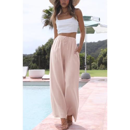 Image of Duyang Womens Cotton Linen Palazzo Pants Drawstring Elastic Waist Casual Wide Leg Trousers with Pockets