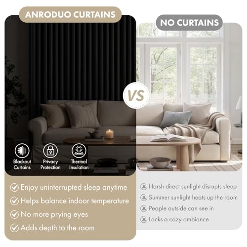 Image of ANRODUO Black Back Tab Blackout Curtains 63 Inch Long 2 Panels | Rod Pocket,Thermal Insulated Room Darkening Light Blocking Curtains for Living Room Bedroom Privacy,W42xL63