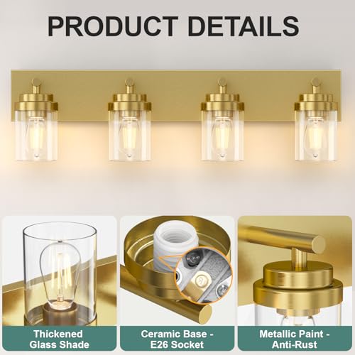 Image of IZORRO Bathroom Vanity Light Fixture, 4-Light 30 Inch Gold Bathroom Light Fixtures Over Mirror, with Clear Glass Shade, Modern Farmhouse Vanity Lights, Rustic Restroom Lighting Fixtures