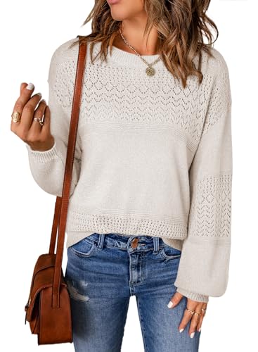 Image of SHEWIN Women's Sweaters Casual Long Sleeve V Neck Crewneck Lightweight Crochet Pullover Sweater Tops