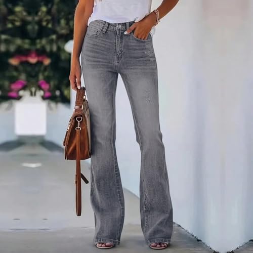 Straight Leg Jeans for Women Stretchy Distressed Flare Jeans Mid Rise Pull-On Elastic Waist Button Fly Denim Pants2