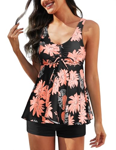 Nadeer Tankinis Mujer Sexy Traje de Baño 4 Piezas Cuello en V Push up Conjunto de Bikini Dos Piezas Set Estampado Floral con Pantalones Cortos(Verde Ejército,L)