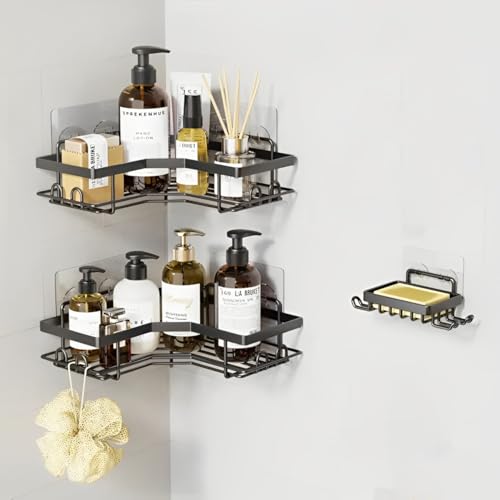 Image of JD FRESH Stainless Steel 3 in 1 Self Adhesive Bathroom Shelf for Wall /Stand for Bathroom Accessories Holder /No Drill Corner Rack for Organiser /Wall Corner Shelf for Bathroom Racks and Shelves(Black)