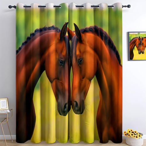 Cortinas Opacas Termicas Aislantes Frio y Calor de Casa Cortina 100% Blackout Dos Caballos Enamorados, Acustica con Ojales para Salon Dormitorio 2 Piezas, Amarillo, 140x 175 cm