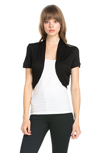 Fashion Secrets Women's Pleated Sides Short Sleeves Rayon Bolero Shrug Cardigan (Medium, Black)
