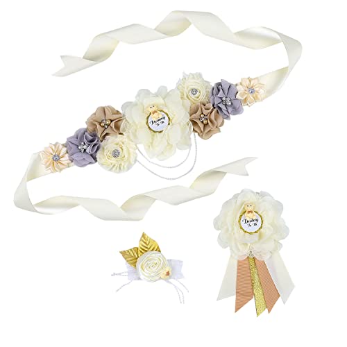 Ivory Handmade Maternity Flower Sash Belt with Badge Set Pregnant Women Waisband Belt Mom to Be Sash Photography