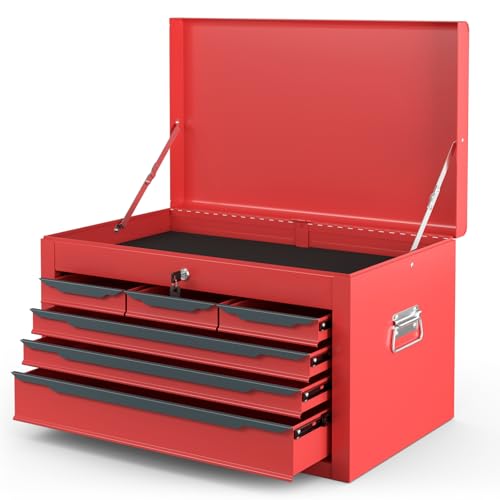 HOMFME 6 Drawer Tool Storage Cabinet, Heavy-Duty Metal Tool Chest with Automatic Lock System, 2 Keys, Top Storage Tray, Ball Bearing Runners, EVA Mats, Portable Tool Box for Warehouse Garage (Red)