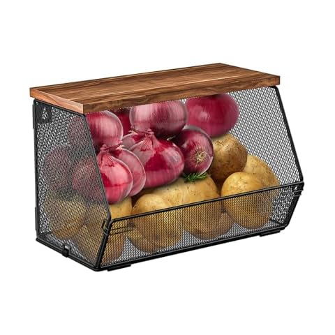 Stackable Fruit Basket for Kitchen, Metal Mesh Wire Baskets with Wood Lid, Wall Mounted Fruit and Vegetable Kitchen Storage Basket, Kitchen Counter Organizer for Onion and Potato Storage Cover