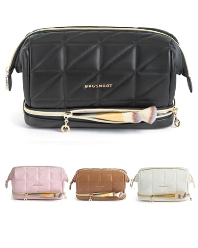 BAGSMART Travel Makeup Bag, PU Leather Waterproof Cosmetic Bags Makeup Bags for Women, Large Capacity Make up Bag, Wide-open Makeup Pouch for Travel Essentials, Bottles, Brushes (Black)