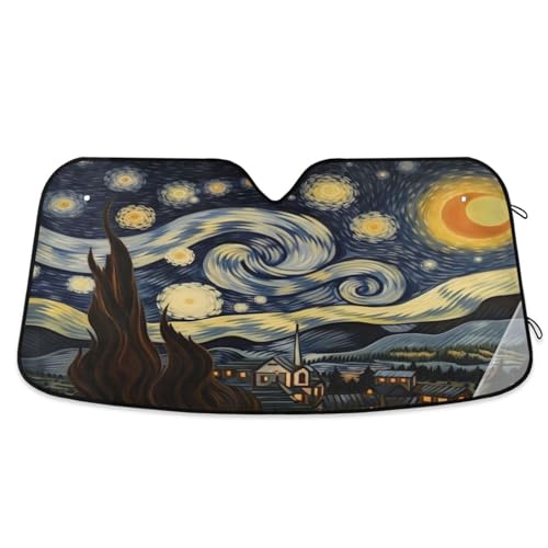Flradish Van Gogh's Starry Sky Car Front Windshield Sun Shade,Foldable Sun Visor Protector for Car Blocks UV Rays Keeps Your Vehicle Cool 55x27.6 Inch