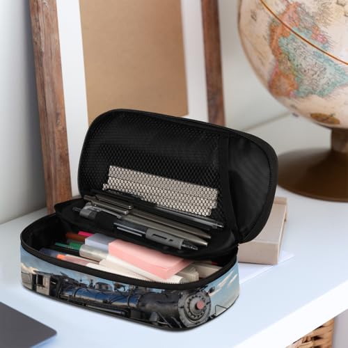 Image of Pardick Retro Train Big Capacity Pencil Case Pencil Pouch with Zipper, Pen Marker Stationery Bag Art Supply Storage Organizer Box Portable Stationery Storage Bag Pen Holder for Boys Girls