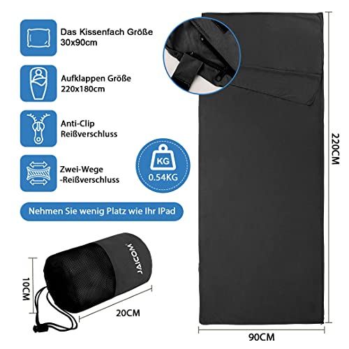 JAICOM Hüttenschlafsack, Ultraleichter Seideschlafsack für Reise, 2in1 Hüttenschlafsack, Bequemer und Weicher Schlafsack kleines Packmaß aus Mikrofaser, Ideal für Rucksackreise, Hotels