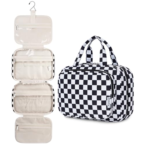 Image of Narwey Large Hanging Toiletry Bag Travel Makeup Bag Cosmetic Organizer for Women and Girls, Z-Black Checkerboard, Medium
