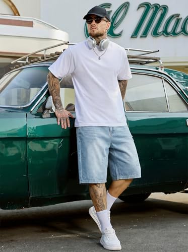 Image of PLEPAN Mens Super Baggy Jean Shorts 12 inch Vintage Loose Fit Wide Leg Long Jorts Y2K Streetwear Below Knee Denim Shorts