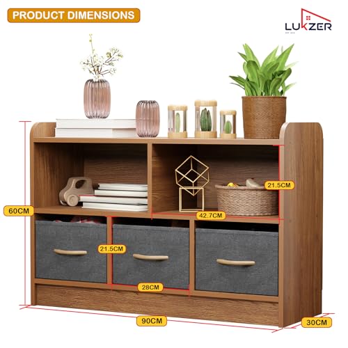 Image of Lukzer MR-025 2-Layer Bookshelf in Oak Brown, Engineered Wood & Fabric Organizer with 5 Sections & 3 Drawers for Home, Office, Kitchen, Corridor & Classroom (90x60x30cm)