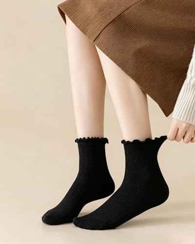 Image of Mcool Mary Womens Crew Socks Ruffle Casual Cotton Frilly Breathable Cute Knit Lettuce Trim Dress Ankle Socks 6 Pack