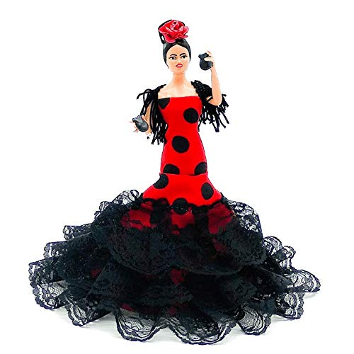 Folk Artesanía Muñeca clásica 20 cm andaluza o Flamenca Vestido con Cola y Encajes. Fabricado en España (Rojo Lunar Negro)
