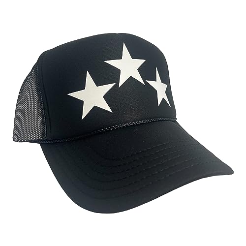 Three Stars Triple Stars Black White Trucker Hat Mesh Back Adult Size High Crown