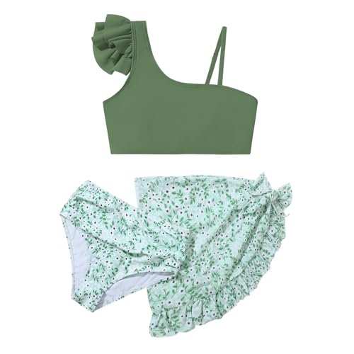 Girls Swimsuit Bikini Set 3 Piece Ruffle Adjustable Strap Kids Bathing Suit with Cover Up Skirt 7-14T