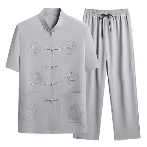 Costume homme style chinois d'été gris clair ensemble brodé S