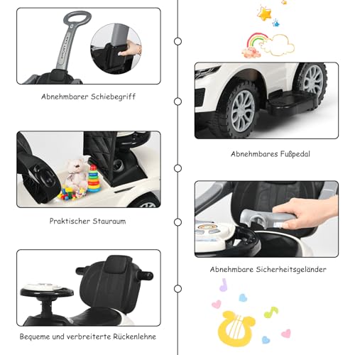 COSTWAY 3 in 1 Rutschauto Schiebeauto, Rutschfahrzeug mit abnehmbarem Schiebgriff, Schutzbügel & verstecktem Stauraum, Spielzeugauto mit Hupe Musik Licht, Kinderauto für Kinder ab 1 Jahr (Weiß) – Bild 6