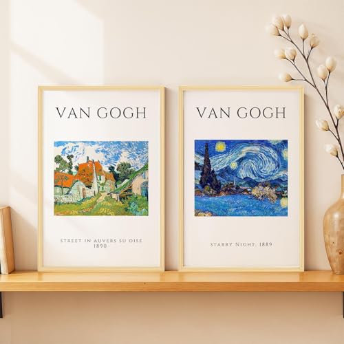 Image of SoulAbiti Street in Auvers-sur-Oise - 1890 & The Starry Night 1889 Framed Wall Art Print Set of 2 12x18 inch Light Brown Frame Plexi-Glass Famous Paintings Home Living Room Bedroom Office Decor