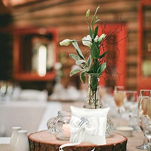 HBYMYDA Ringkissen Hochzeit, Ehering Kissen mit Simulation Perle, Weiß Ring Bearer Kissen mit Schöne Bowknot, Hochzeit Ringkissen für Verlobung Oder Eheringe Vintage, 10 x10 cm