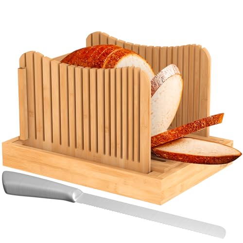 Bamboo Bread Slicer with Professional Bread Knife & Crumb Catcher Tray – Fully Adjustable for 3 Slice Thickness & Extra Tall Cutter Guide – Enjoy Homemade Bread Like Bagel, Sourdough, Cake