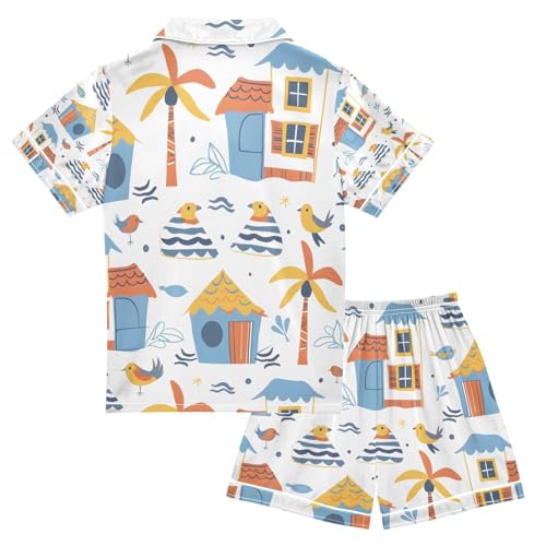 senya Cartoon Beach House Satin Summer Pajama Sets Silk Short Sleeve Button Down Sleepwear2