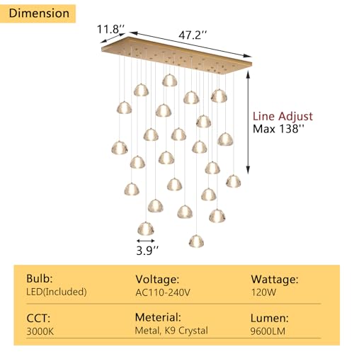 Image of 24-Lights Modern Crystal Rectangular Chandelier LED Raindrop Ceiling Pendant Light Crystal Lighting Fixture for Living Room Hotel Staircase Hallway Foyer Entryway Bedroom Gold