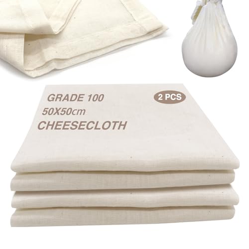 Passiertuch 2 Stück, Cheesecloth Käsetuch WiederverwendbarDichtegrad 100 Grade Seihtuch Ungebleichter Baumwolle Knödeltuch Abseihtuch Für Hausgemachten Käse Joghurt und Gemüsesaft (2, 50 x 50 cm)