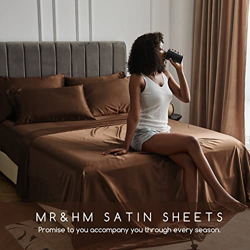 Image of MR&HM Satin Bed Sheets, Queen Size Sheets Set, 6 Pcs Silky Bedding Set with 15 Inches Deep Pocket for Mattress (Queen, Brown)