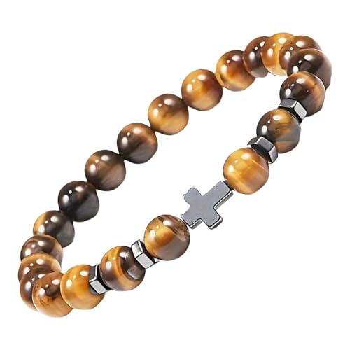 Bracelet œil de tigre et roche volcanique 8mm - Bijou élastique réglable pour homme et femme