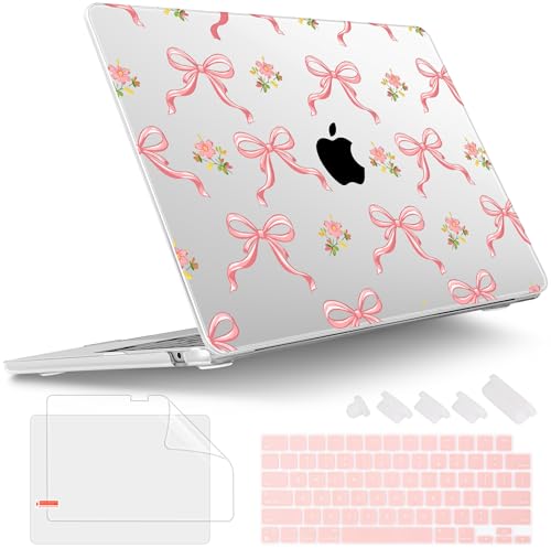 Image of Tuiklol for MacBook Air 13 inch Case M5 2026 M4 2025 M3 2024 M2 2022 Release Model A3449 A3240 A3113 A2681,Plastic Hard Shell Cover for MacBook Air 13.6 with Touch ID, Pink Bow Floral