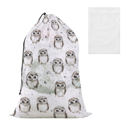 Bolsa de almacenamiento grande para ropa sucia con diseño de búho de dibujos animados, color blanco, con bolsa de lavado de malla para la colada, para dormitorio universitario o viajes, cierre de
